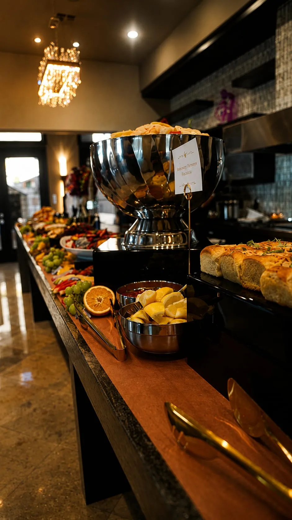 An abundant grazing and catering spread staged along a bar