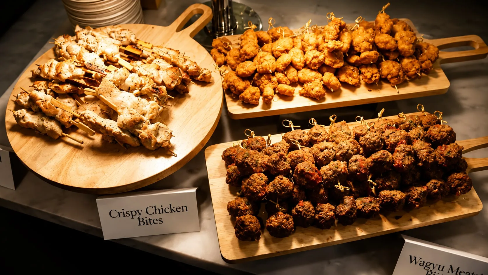 Crispy chicken bites and skewers plated on wooden boards