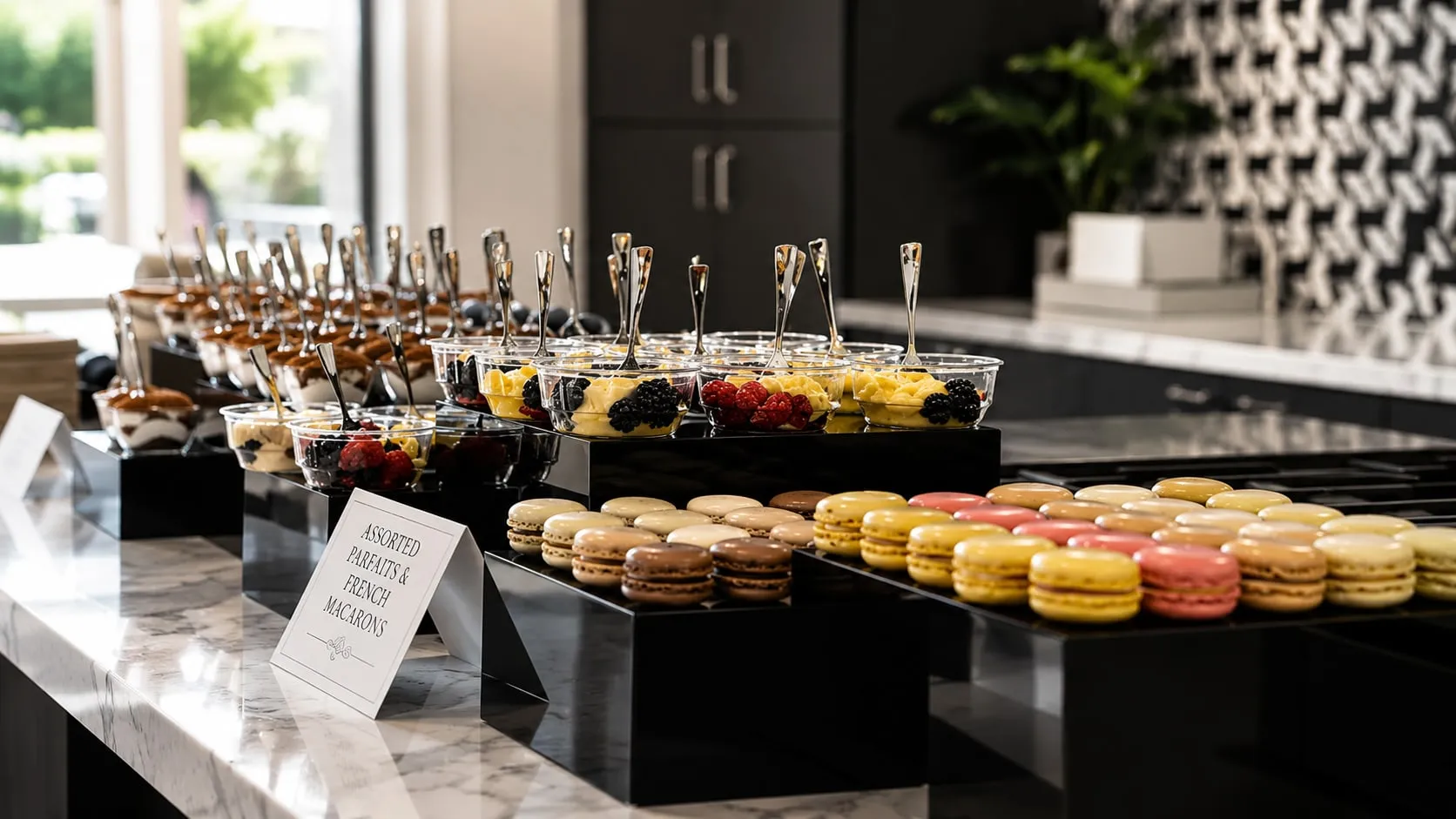 A dessert display of macarons and mini sweets on black risers