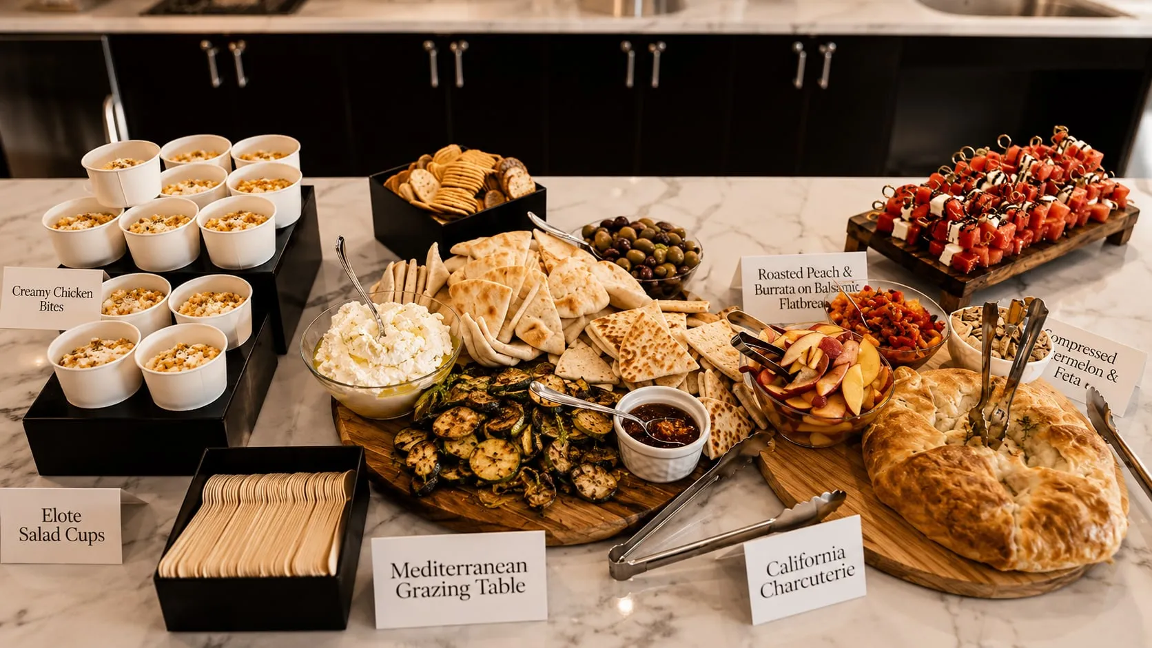 A Mediterranean grazing table with salad cups and charcuterie