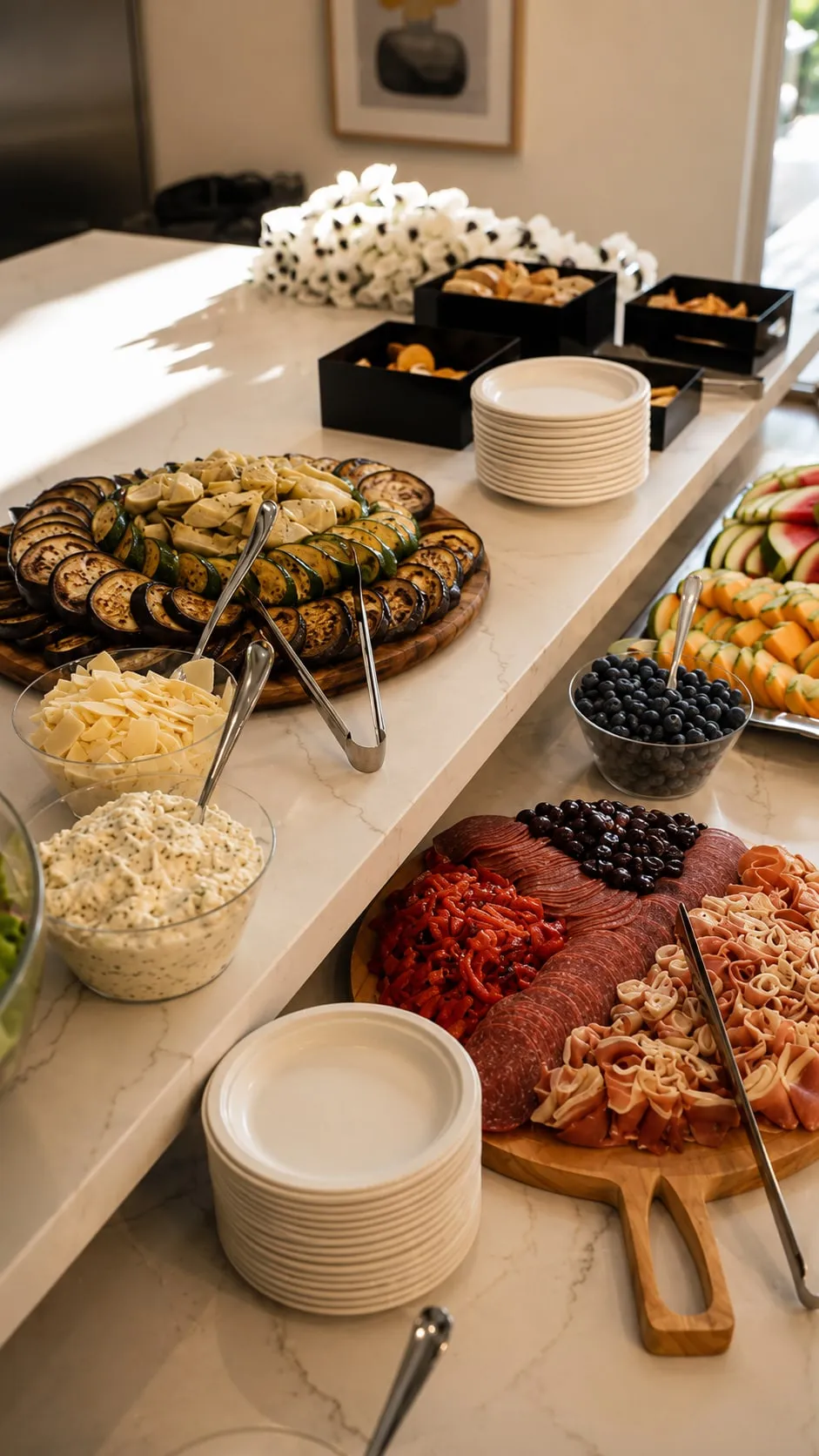 A grazing spread of charcuterie, cups and berries on marble