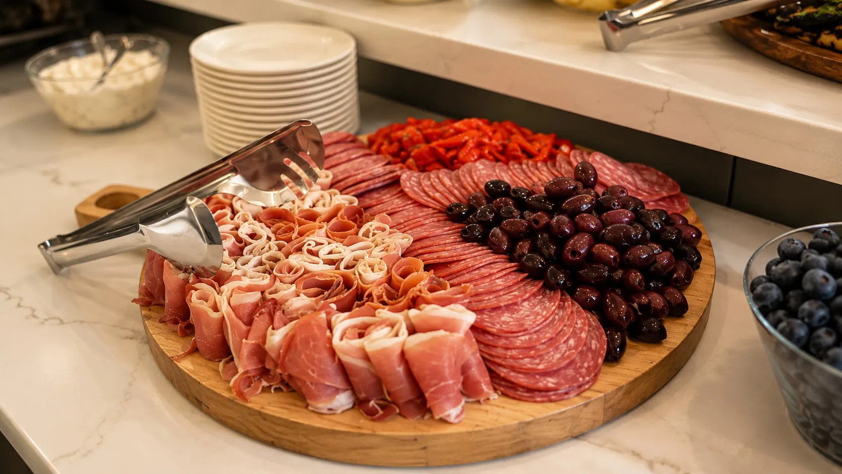 A charcuterie board with cured meats, grapes and berries