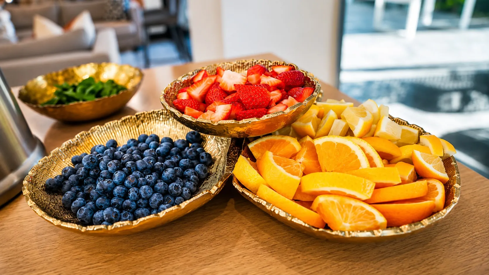 Gold bowls of fresh fruit — blueberries, watermelon and citrus