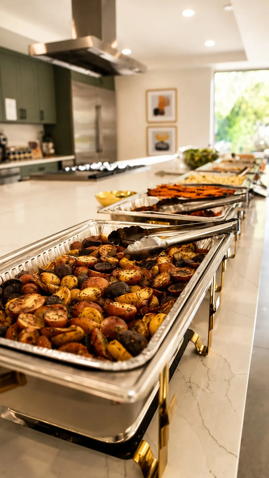 Hot catering chafing dishes with roasted vegetables